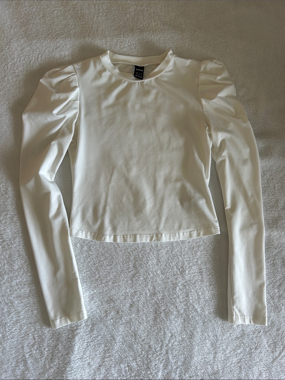 SHEIN Cream Long Sleeve Crewneck Top with Puff Shoulders